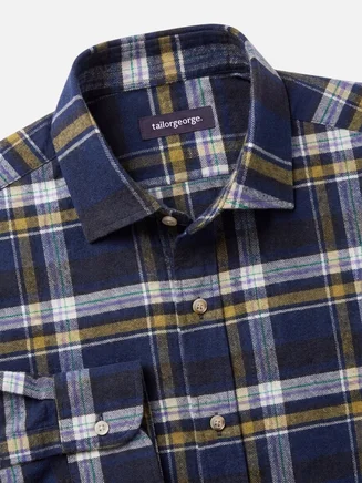 Camicia in lino pesante con quadri blu e gialli