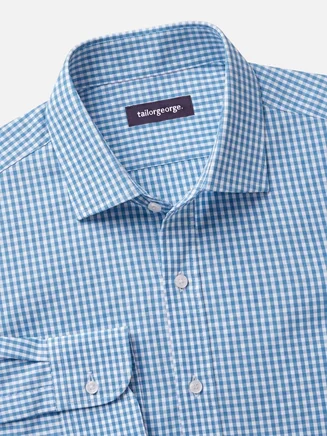 Camicia in popeline a quadri azzurri facile da stirare